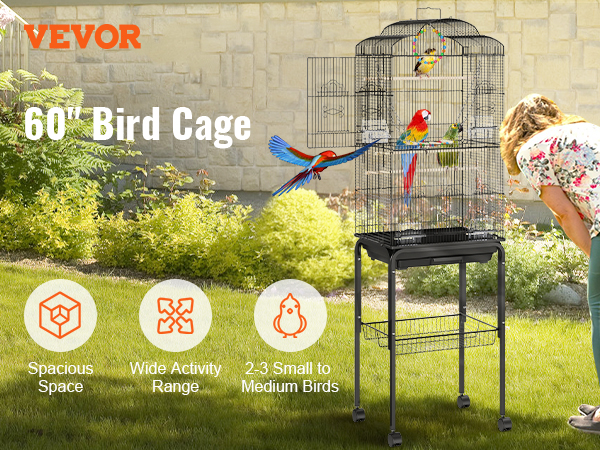 VEVOR flight bird cage in a garden with colorful birds and a person observing.