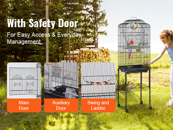 VEVOR flight bird cage with safety door, main door, auxiliary door, swing, and ladder for easy access.