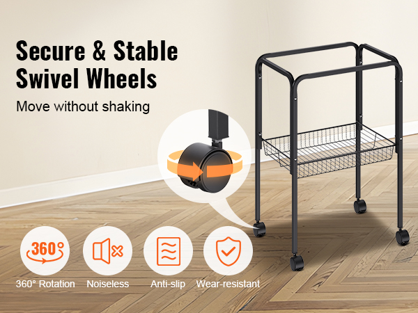 secure mobility stand with swivel wheels, offering 360° rotation, noiseless movement, anti-slip, and wear-resistance.