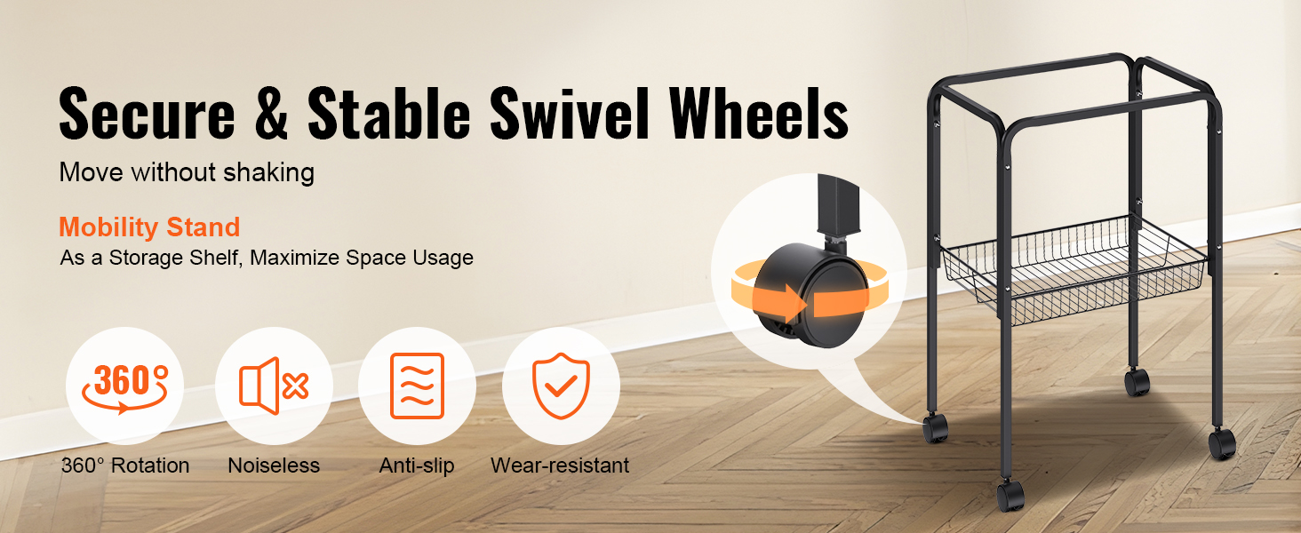 secure mobility stand with swivel wheels, offering 360° rotation, noiseless movement, anti-slip, and wear-resistance.
