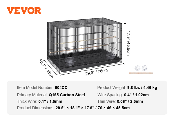 VEVOR bird cage, q195 carbon steel, dimensions 29.9"x18.1"x17.9", weight 9.8 lbs, wire spacing 0.4".