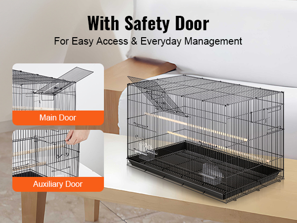 VEVOR bird cage with safety door, main door for entry, and auxiliary door for feeding and water changes.