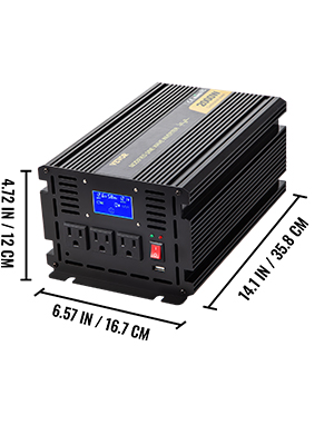VEVOR power inverter 2000w with 3 outlets and display, dimensions shown.