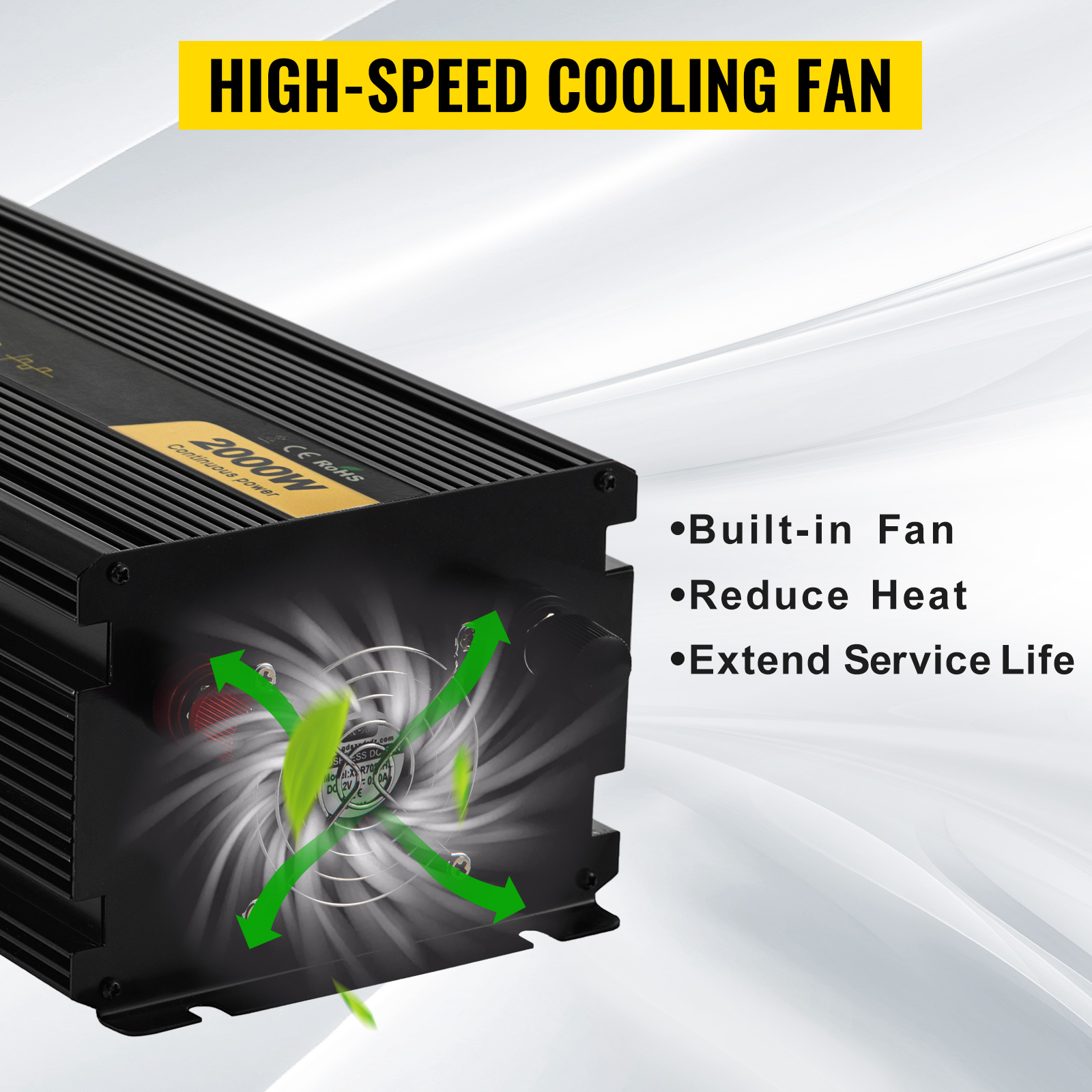 VEVOR power inverter 2000w with high-speed cooling fan for heat reduction and longevity.