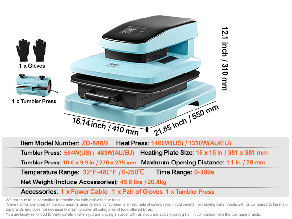 VEVOR auto heat press machine specifications and dimensions, blue in color with included accessories.