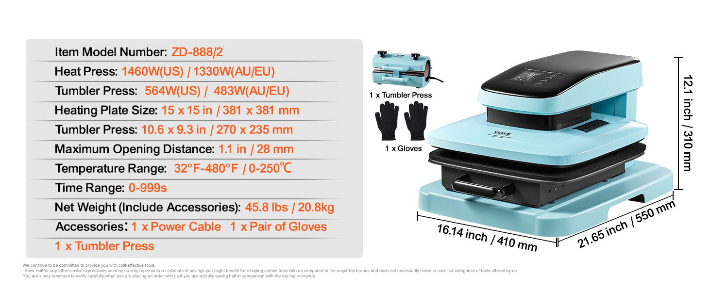 VEVOR auto heat press machine specifications and dimensions, blue in color with included accessories.
