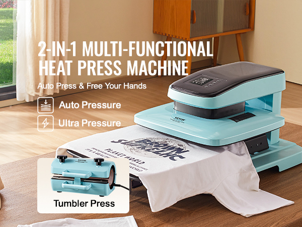 VEVOR auto heat press machine, 2-in-1 design with auto pressure, pressing a t-shirt on a hardwood floor.