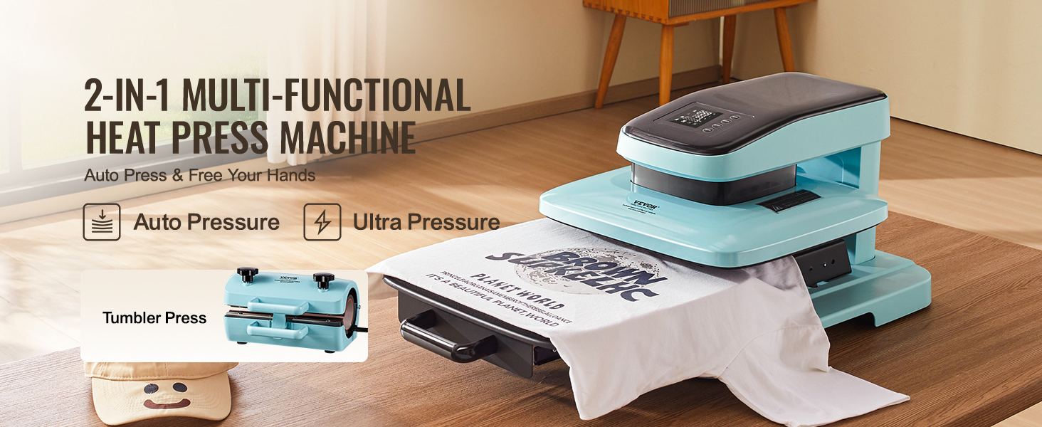 VEVOR auto heat press machine, 2-in-1 design with auto pressure, pressing a t-shirt on a hardwood floor.