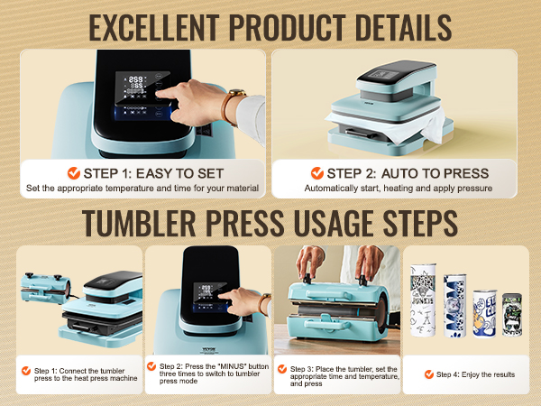 VEVOR auto heat press machine steps and tumbler press instructions, showing control buttons and product usage.