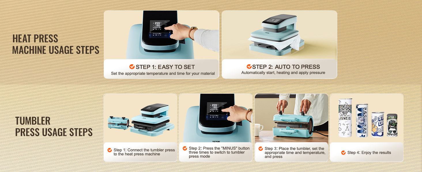 VEVOR auto heat press machine steps and tumbler press instructions, showing control buttons and product usage.