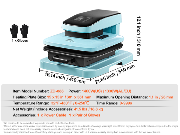 VEVOR auto heat press machine zd-888, 15x15 in heating plate, 1460w/1330w power with gloves and cable.