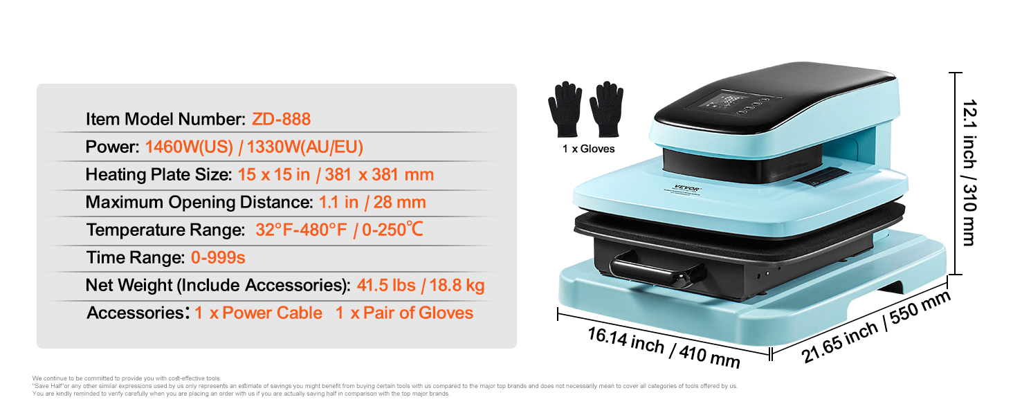 VEVOR auto heat press machine zd-888, 15x15 in heating plate, 1460w/1330w power with gloves and cable.