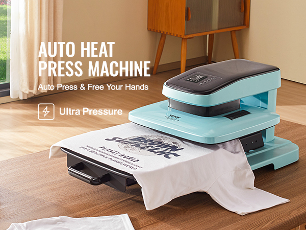 VEVOR auto heat press machine applying design on a white t-shirt next to a smiley face cap.