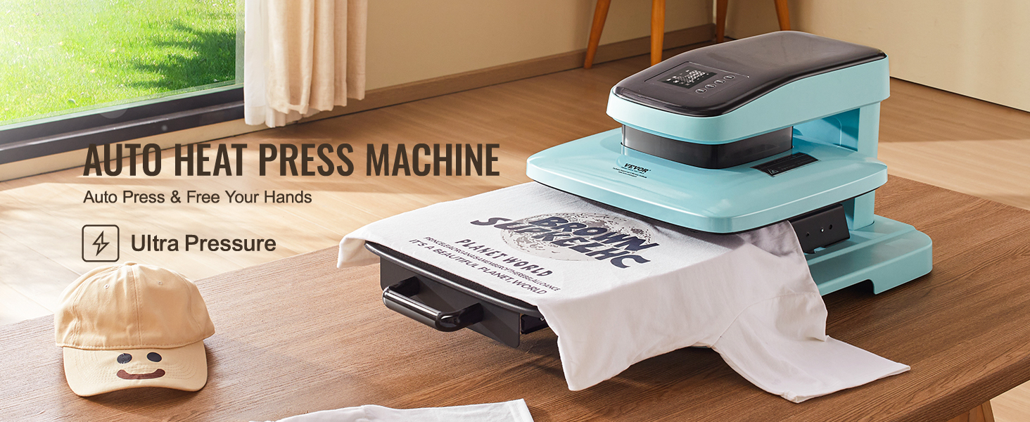 VEVOR auto heat press machine applying design on a white t-shirt next to a smiley face cap.