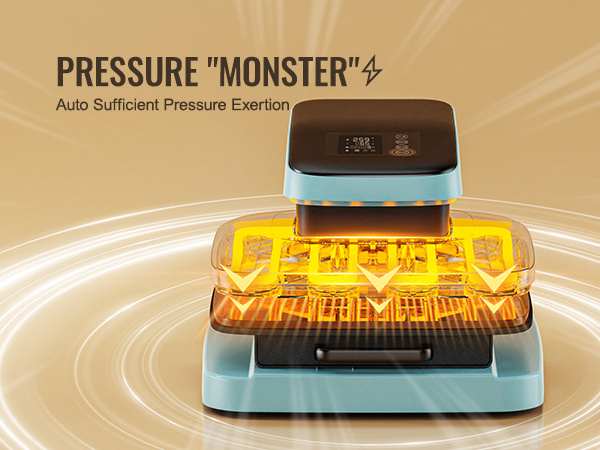 VEVOR auto heat press machine with glowing yellow elements, "pressure monster" label, and futuristic design.