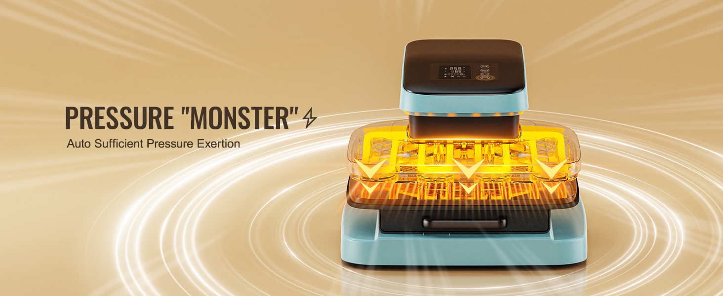 VEVOR auto heat press machine with glowing yellow elements, "pressure monster" label, and futuristic design.