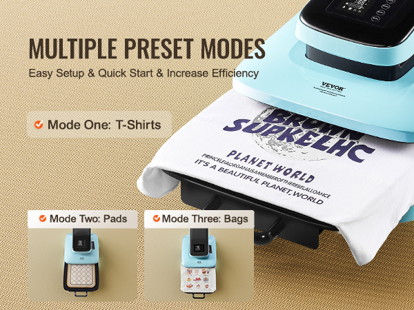 VEVOR auto heat press machine with multiple preset modes: t-shirts, pads, and bags. easy setup and quick start.