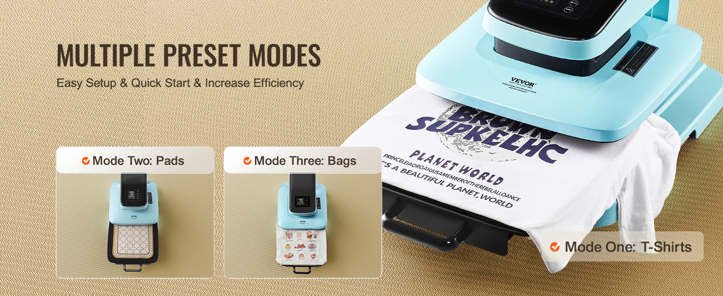 VEVOR auto heat press machine with multiple preset modes: t-shirts, pads, and bags. easy setup and quick start.
