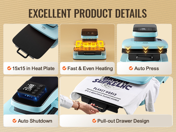 VEVOR auto heat press machine with 15"x15" heat plate, fast heating, auto press, and pull-out drawer.