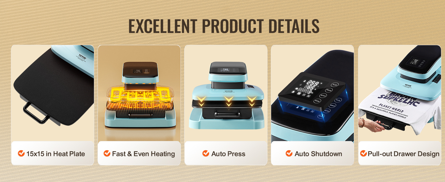 VEVOR auto heat press machine with 15"x15" heat plate, fast heating, auto press, and pull-out drawer.