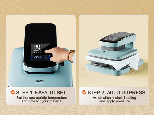 VEVOR auto heat press machine displayed with easy setup and automatic pressing features.