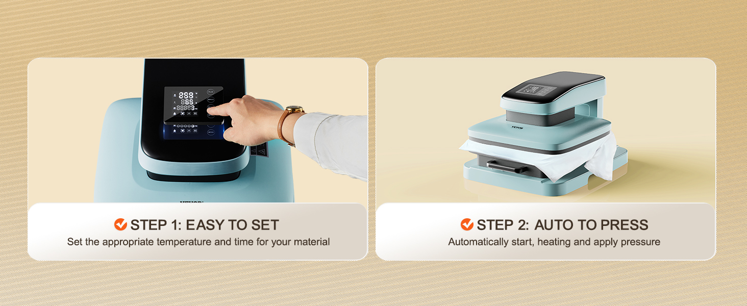 VEVOR auto heat press machine displayed with easy setup and automatic pressing features.