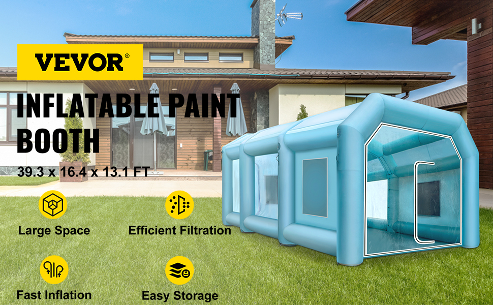 VEVOR inflatable spray booth setup on a lawn with house in the background.