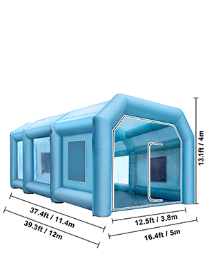 blue VEVOR inflatable spray booth with dimensions labeled, showcasing large entry and windows.