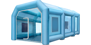 blue VEVOR inflatable spray booth with clear windows and a large front opening.