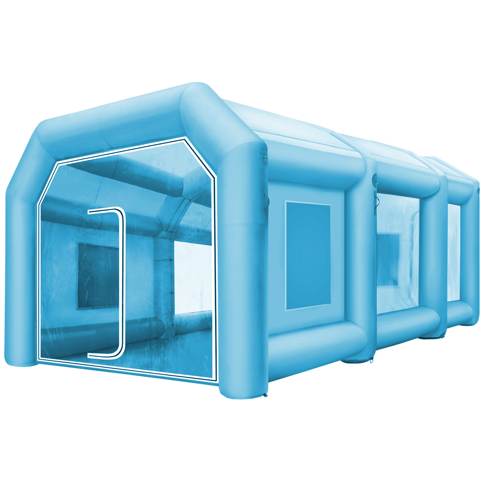 blue VEVOR inflatable spray booth with clear windows and an entry door.
