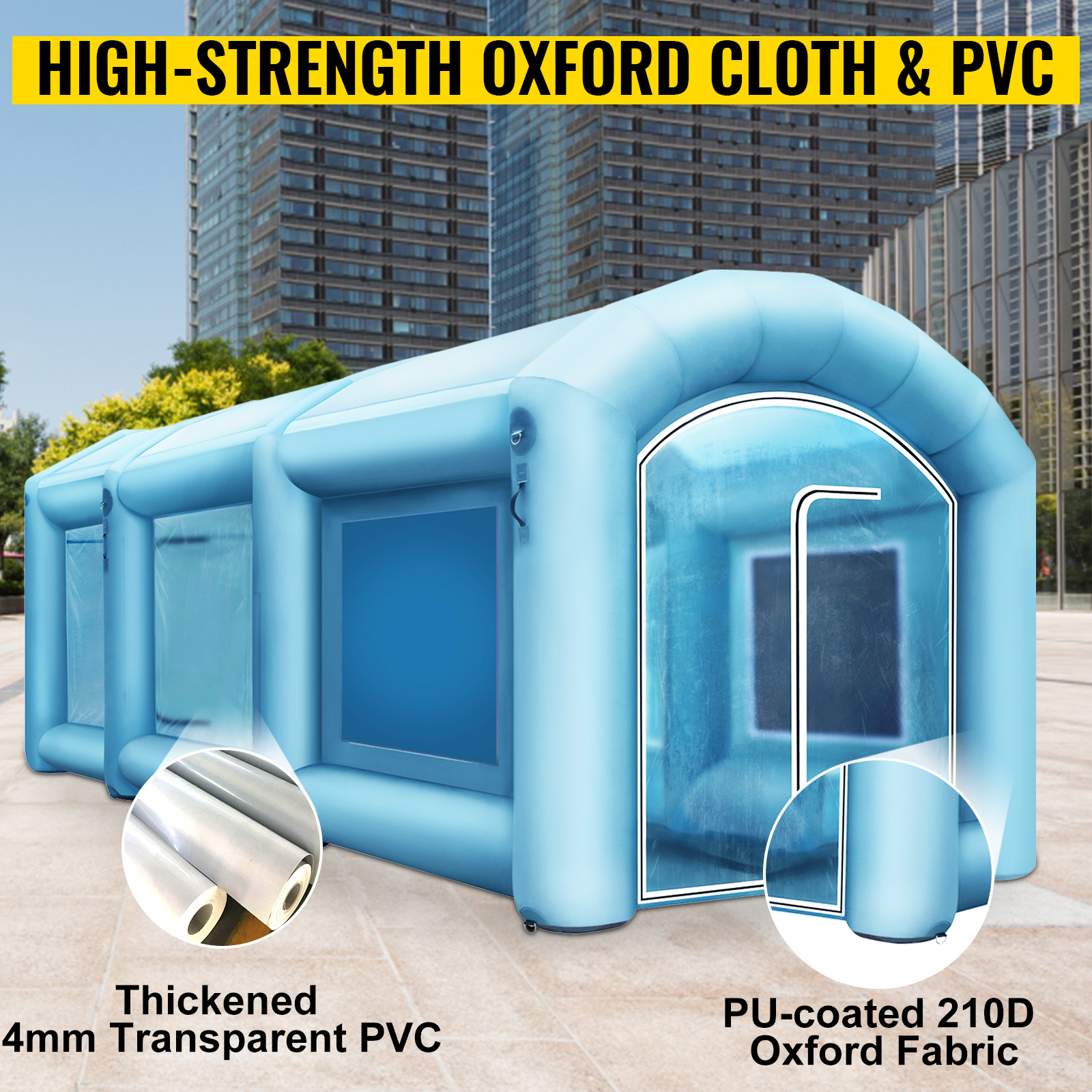 VEVOR inflatable spray booth with high-strength oxford cloth and pvc in an urban setting.