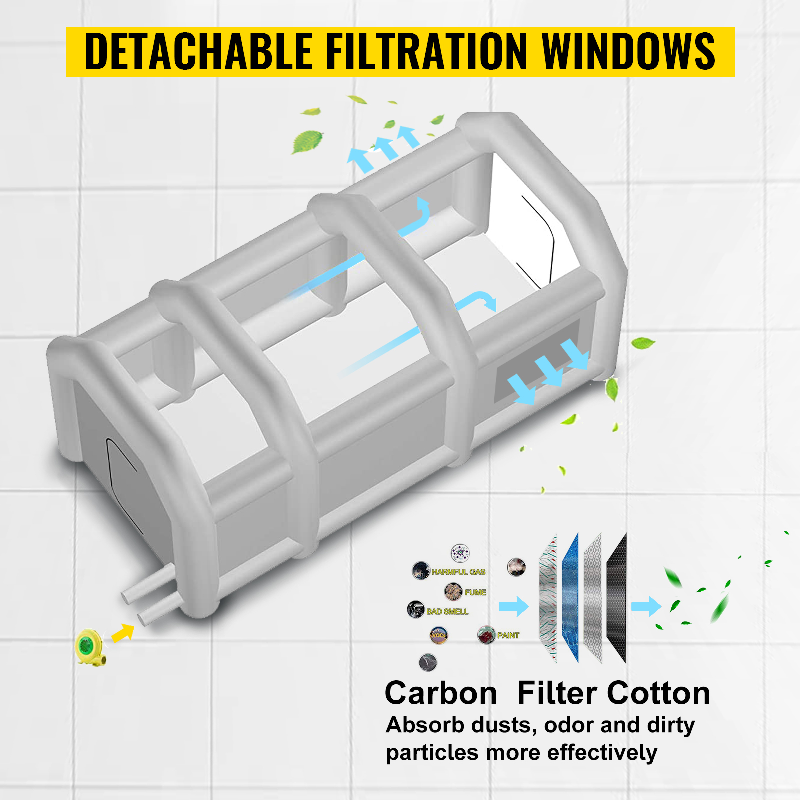 VEVOR inflatable spray booth with detachable filtration windows and carbon filter cotton.