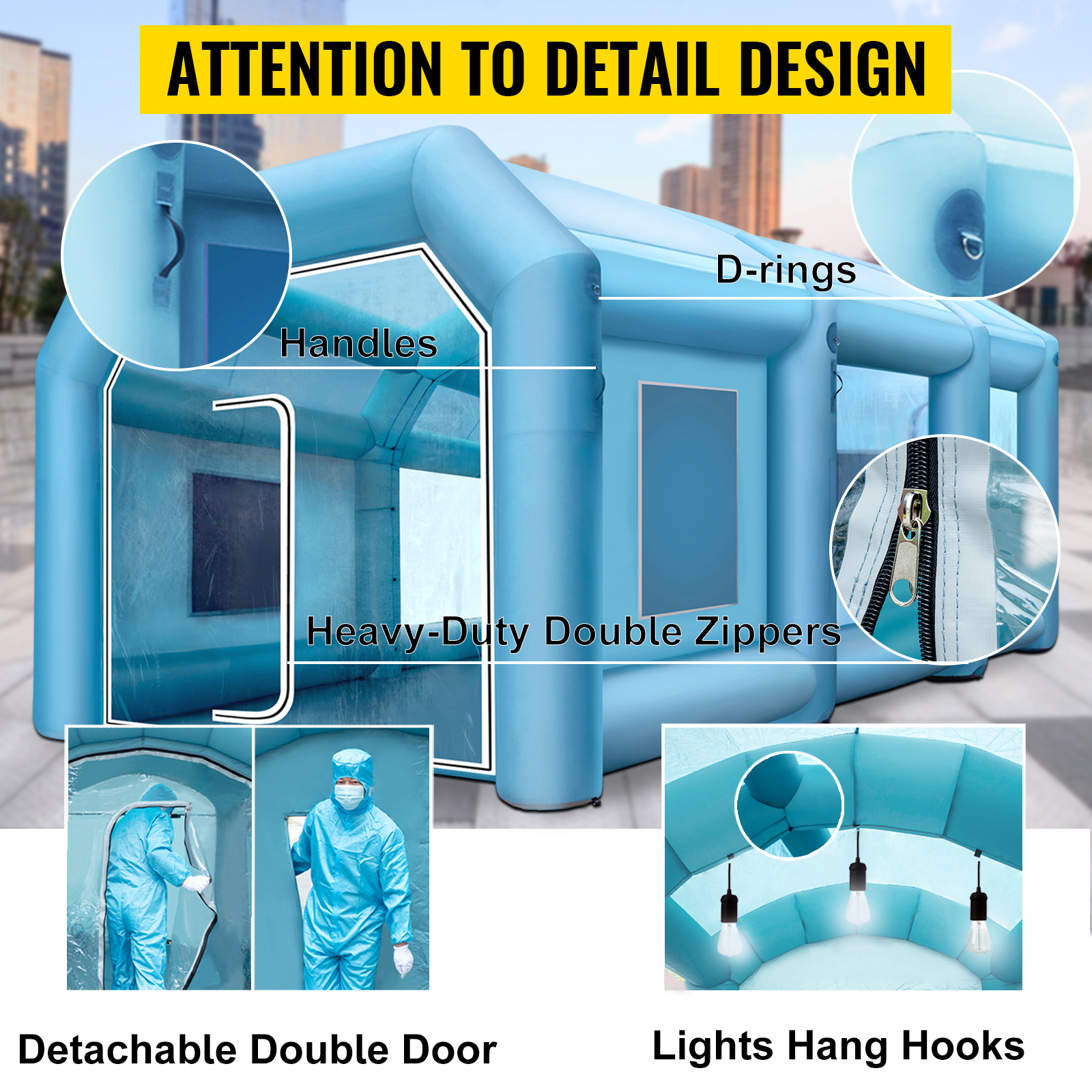 VEVOR inflatable spray booth featuring handles, d-rings, detachable double door, and zipper.