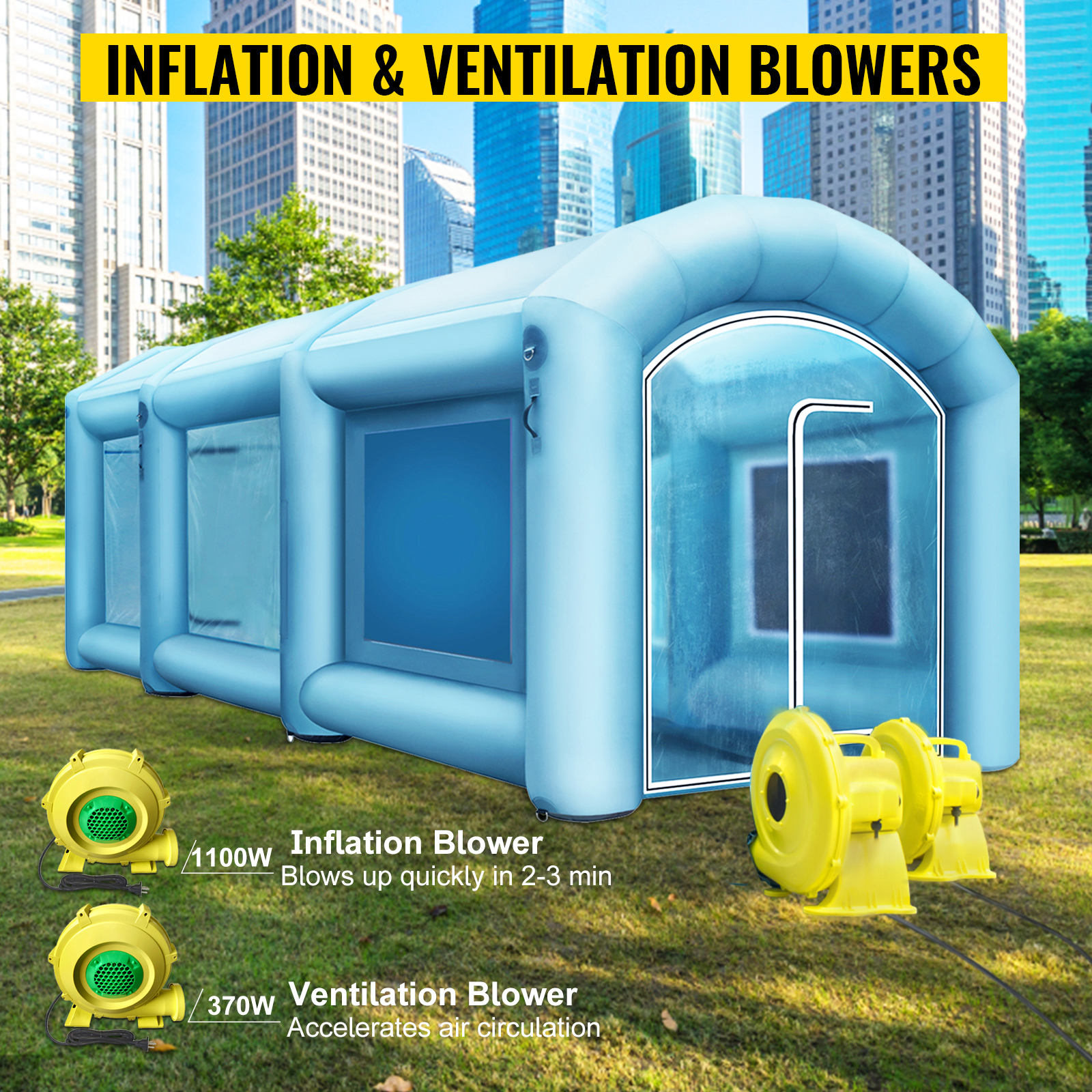 VEVOR inflatable spray booth with blowers for quick setup and air circulation in a park.