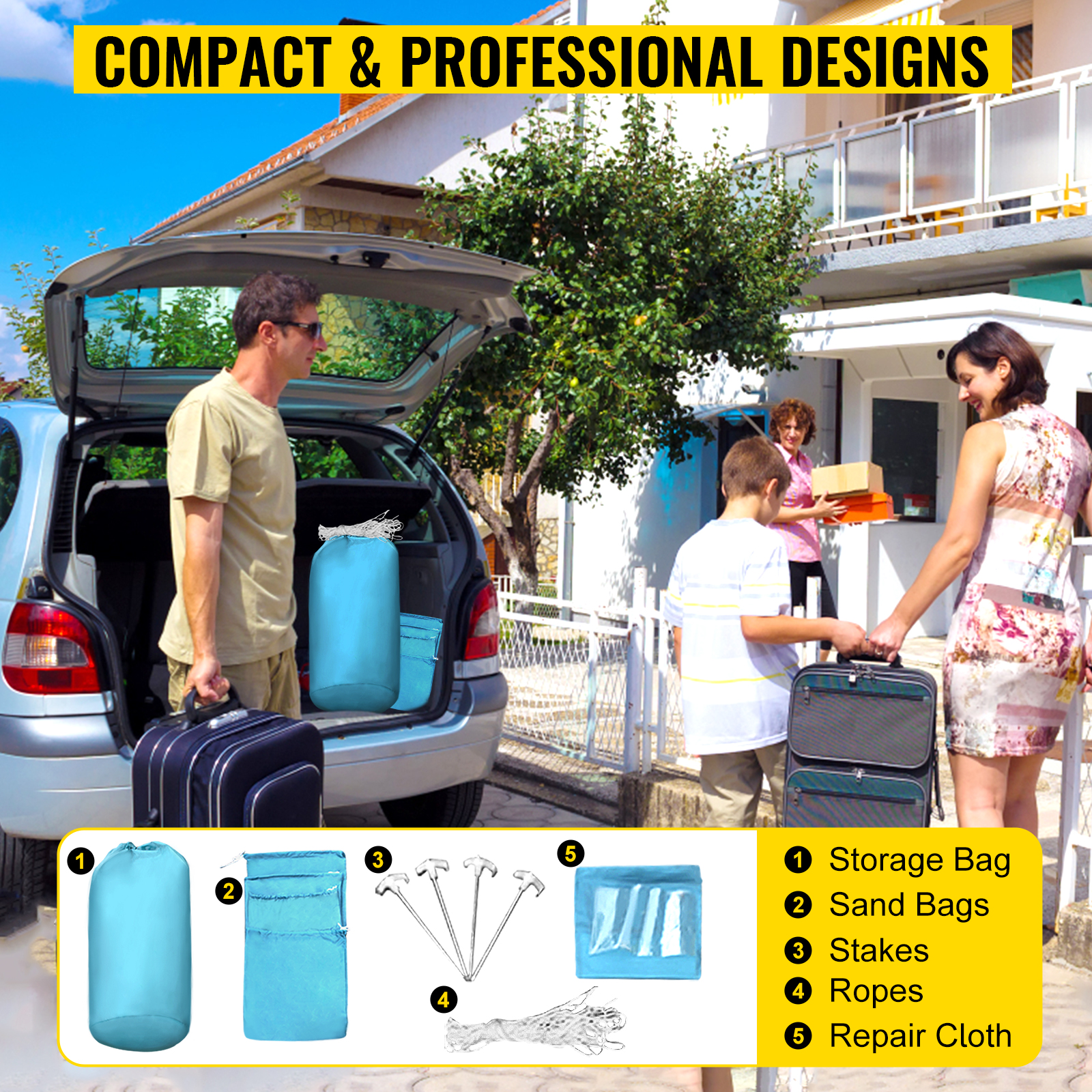packing VEVOR inflatable spray booth accessories into a car trunk for a trip.
