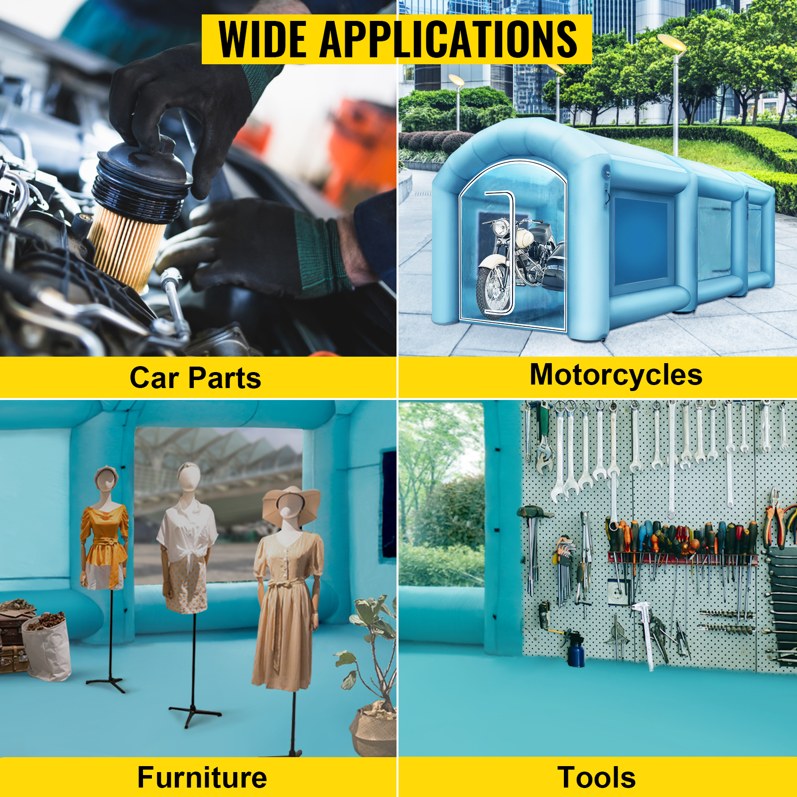 VEVOR inflatable spray booth: car parts, motorcycles, furniture, tools. wide applications.