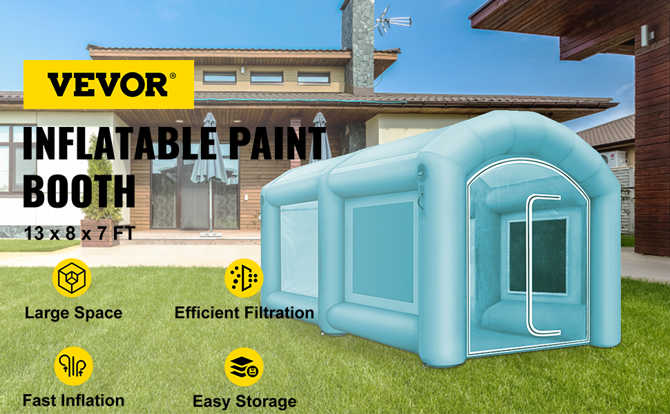 VEVOR inflatable paint booth in front of a house showcasing features like efficient filtration.