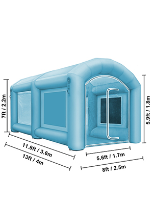 VEVOR inflatable paint booth with dimensions: 13ft x 8ft x 7ft, blue exterior.