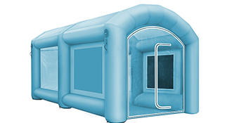 VEVOR inflatable paint booth in blue with clear windows and zippered entry.