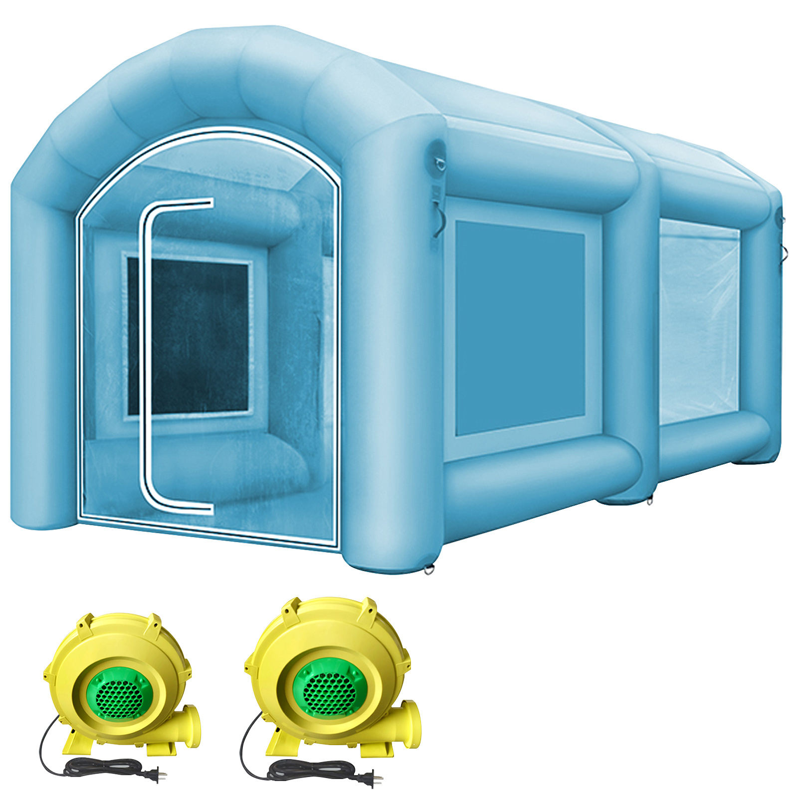blue inflatable paint booth with two yellow blowers. focus keyword: VEVOR inflatable paint booth.