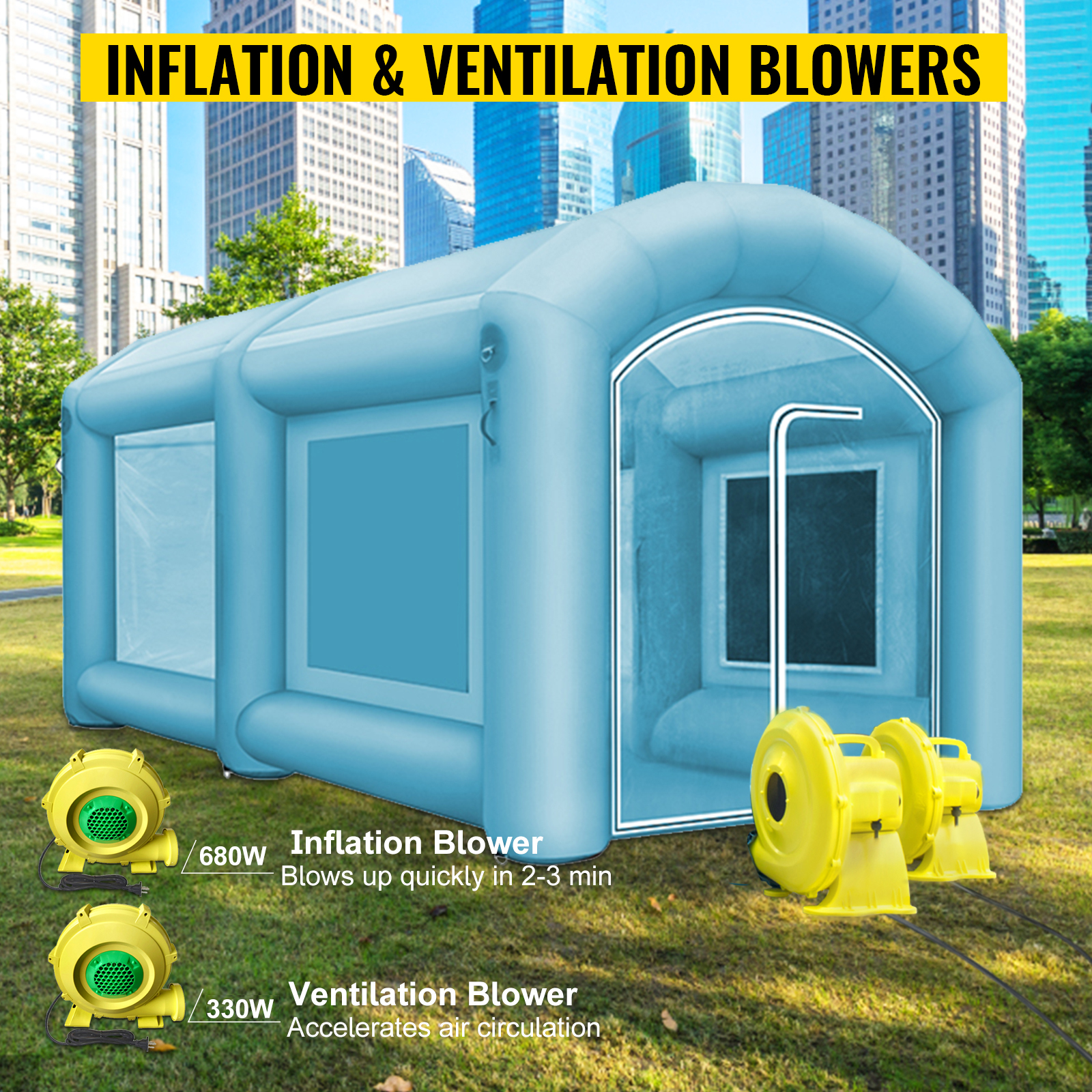 VEVOR inflatable paint booth with inflation and ventilation blowers in a park setting.