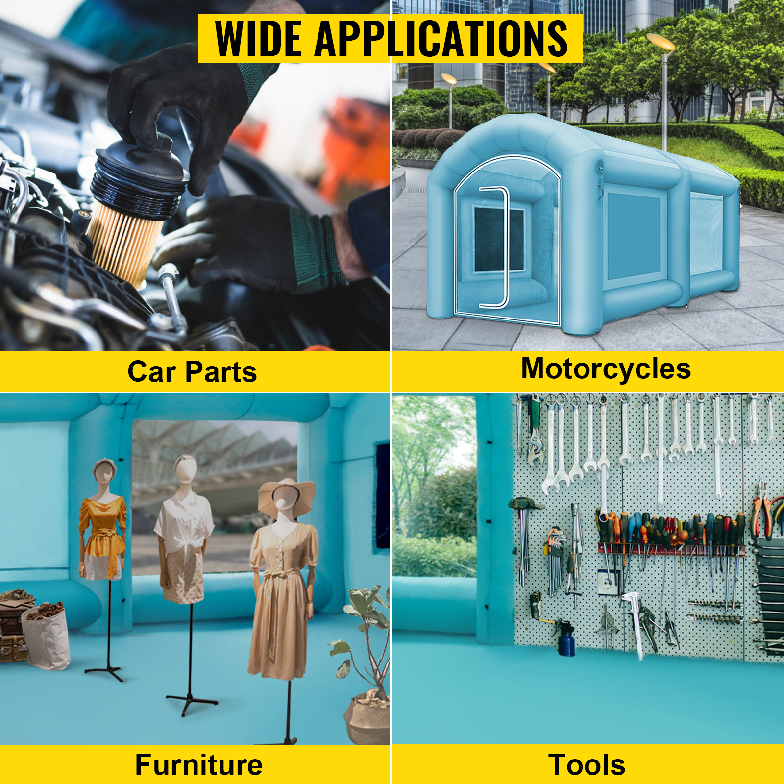 VEVOR inflatable paint booth for car parts, motorcycles, furniture, and tools.