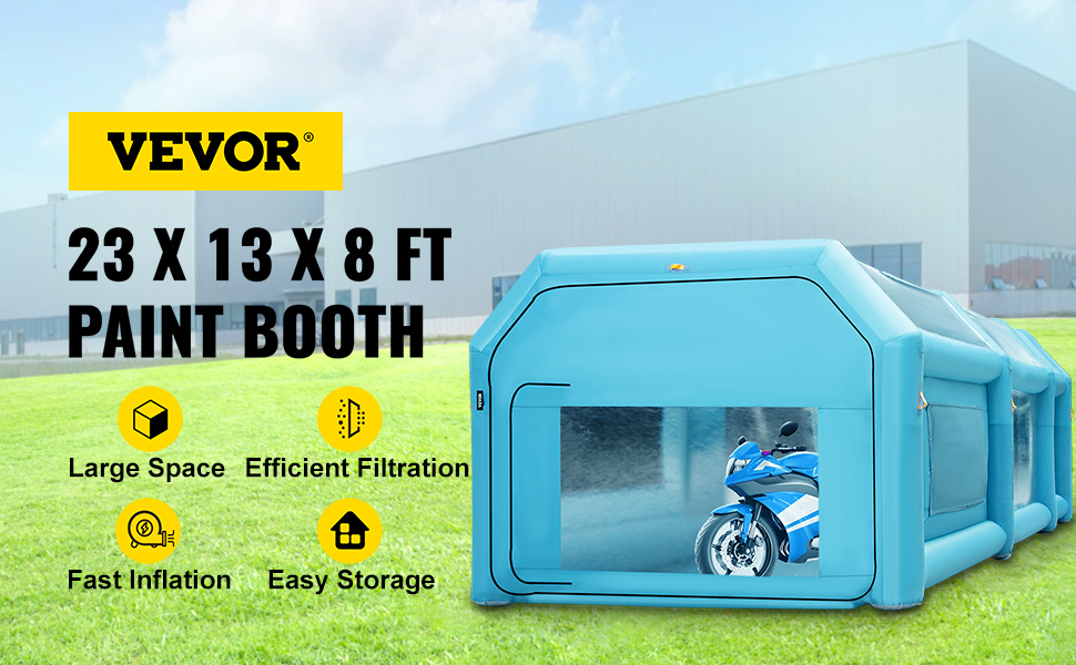 VEVOR inflatable spray booth, 23x13x8 ft, showcasing large space and efficient filtration.