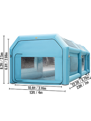 blue VEVOR inflatable spray booth with dimensions labeled: 13ft l x 10.4ft w x 8.2ft h.