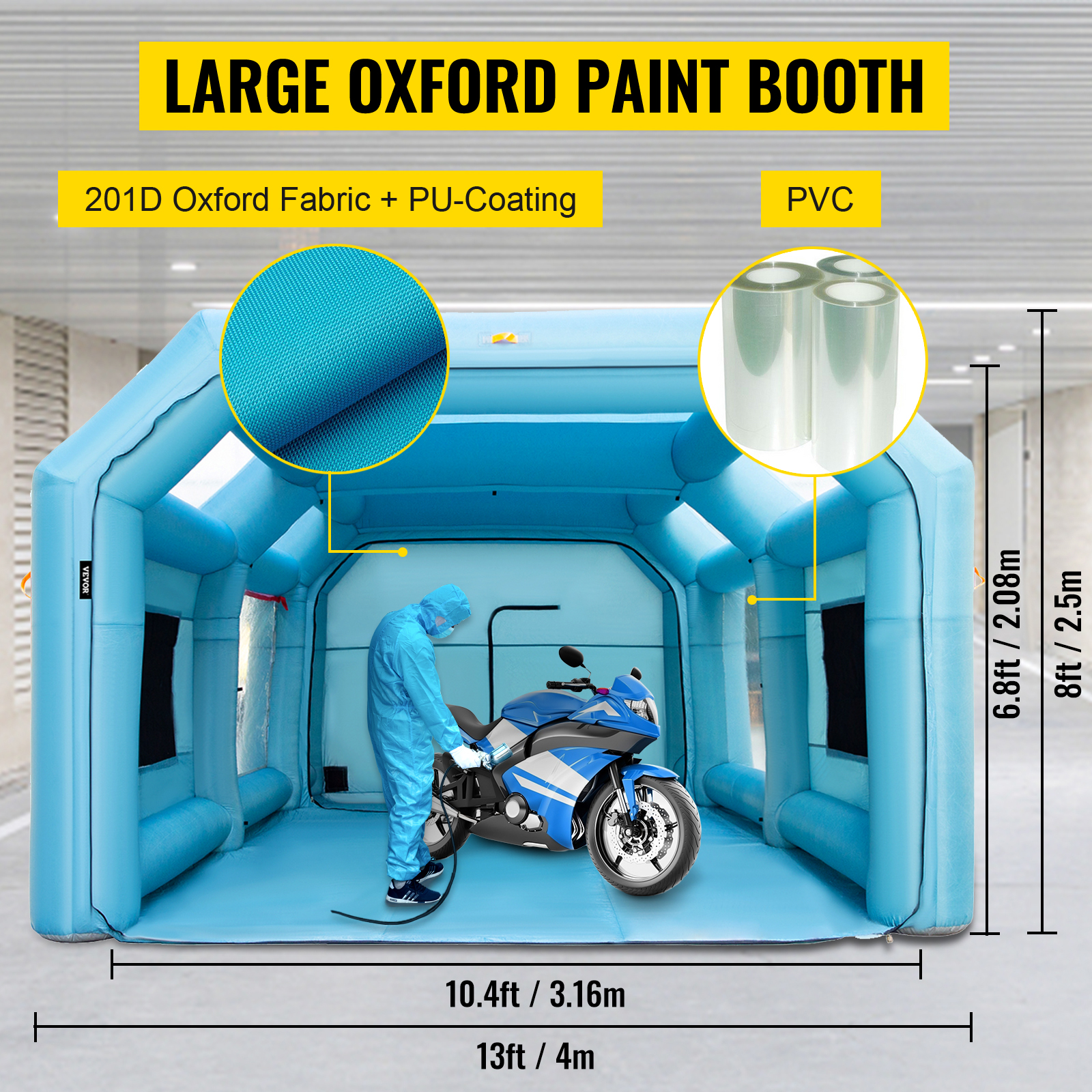 VEVOR inflatable spray booth with oxford fabric and pvc materials, 13ft x 10.4ft.