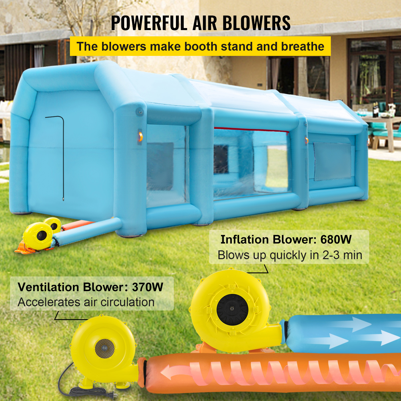 VEVOR inflatable spray booth with powerful air blowers and clear windows in a backyard.