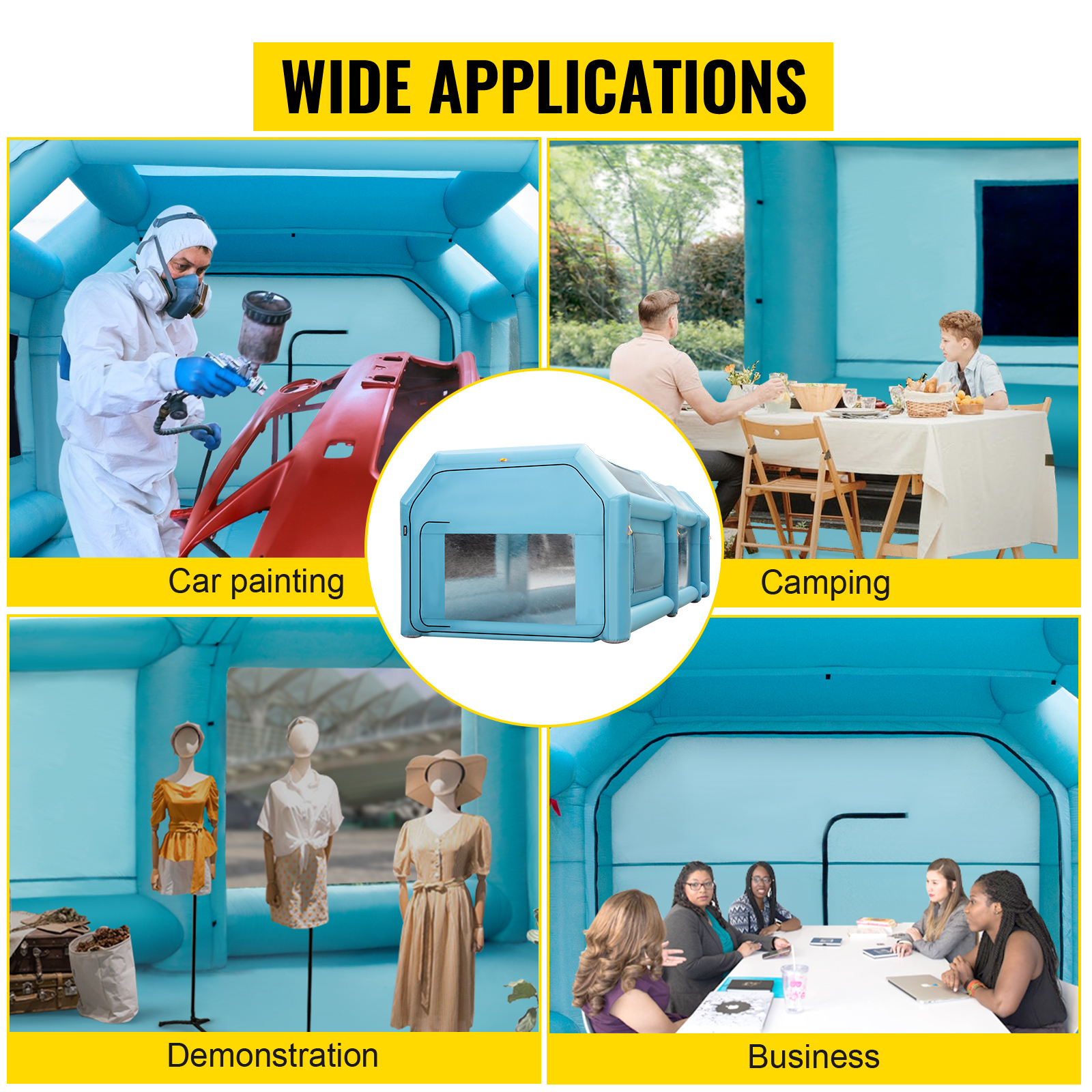 VEVOR inflatable spray booth used for car painting, camping, demonstration, and business.