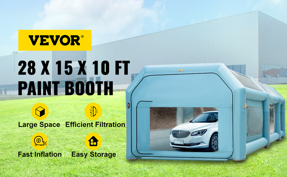 VEVOR inflatable paint booth showcasing a car with specs and features on a green lawn.