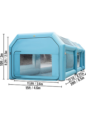 blue VEVOR inflatable paint booth with clear windows and dimensions shown.