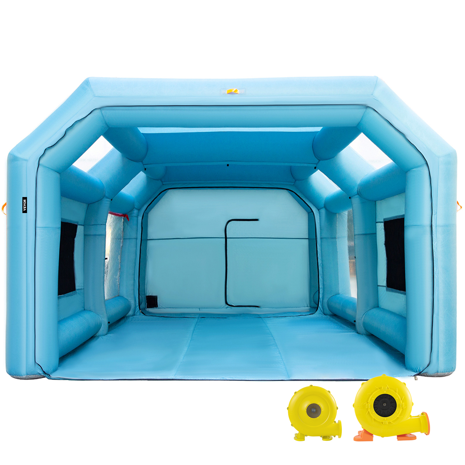 VEVOR inflatable paint booth with yellow blowers, light blue interior.